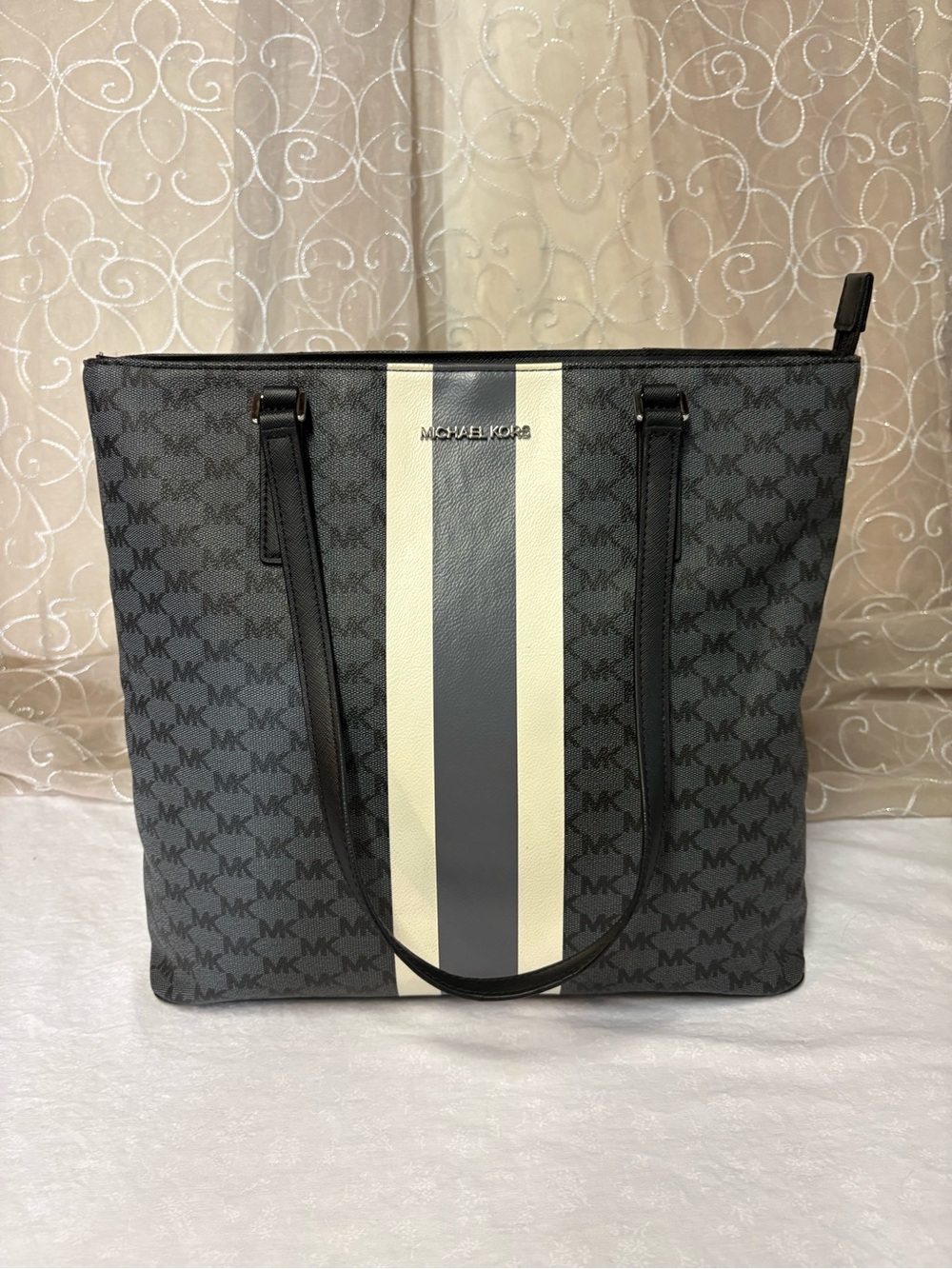 Michael Kors Gray & Cream Stripe Monogram Messenger Tote